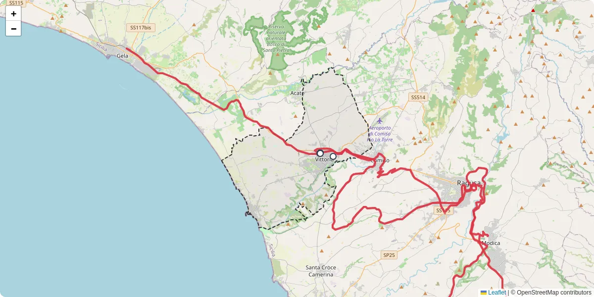 Mappa dettagliata del trasporto pubblico a Vittoria con linee autobus, tram e collegamenti