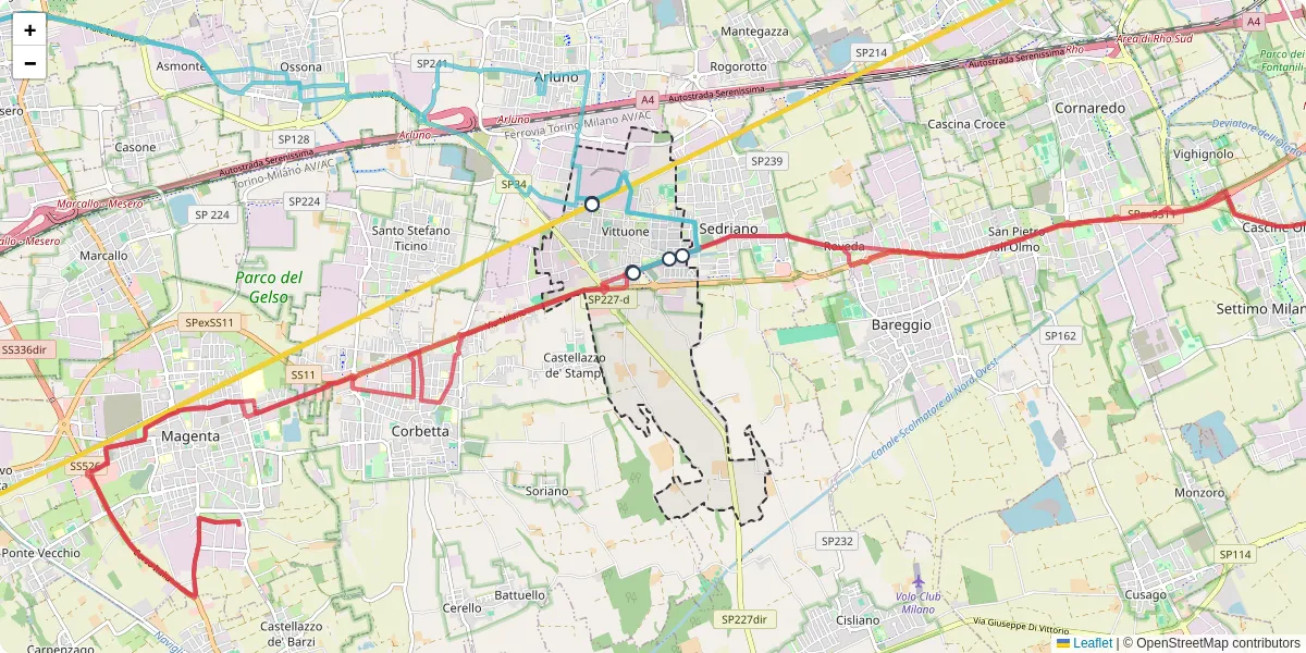 Mappa dettagliata del trasporto pubblico a Vittuone con linee autobus, tram e collegamenti