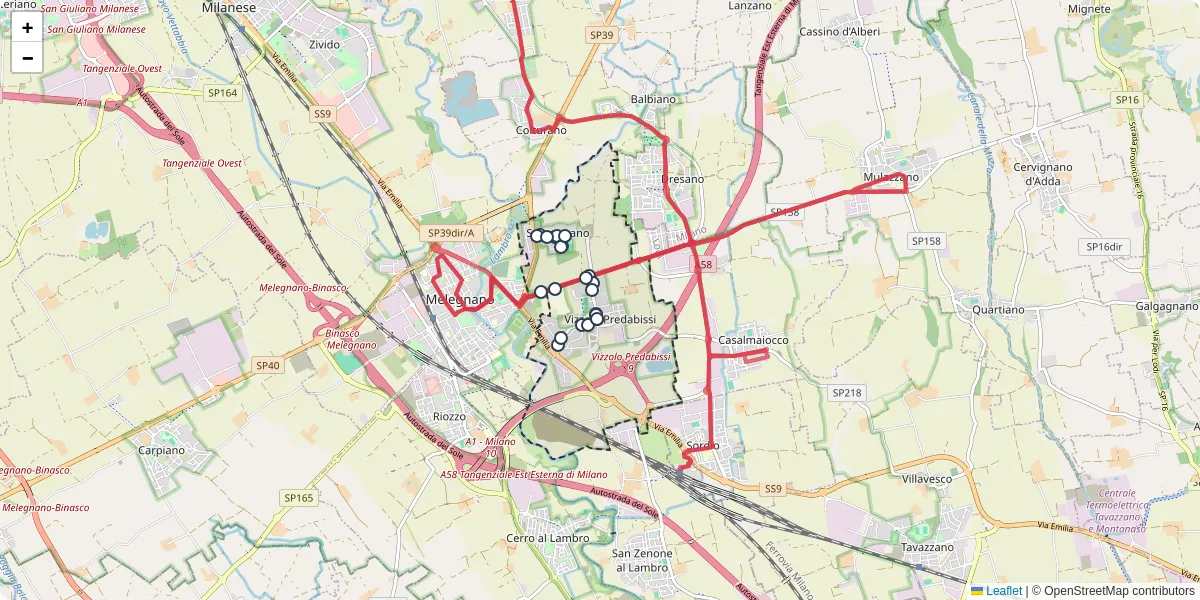 Mappa dettagliata del trasporto pubblico a Vizzolo Predabissi con linee autobus, tram e collegamenti