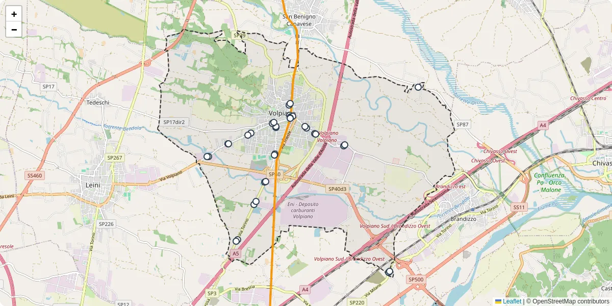 Mappa dettagliata del trasporto pubblico a Volpiano con linee autobus, tram e collegamenti
