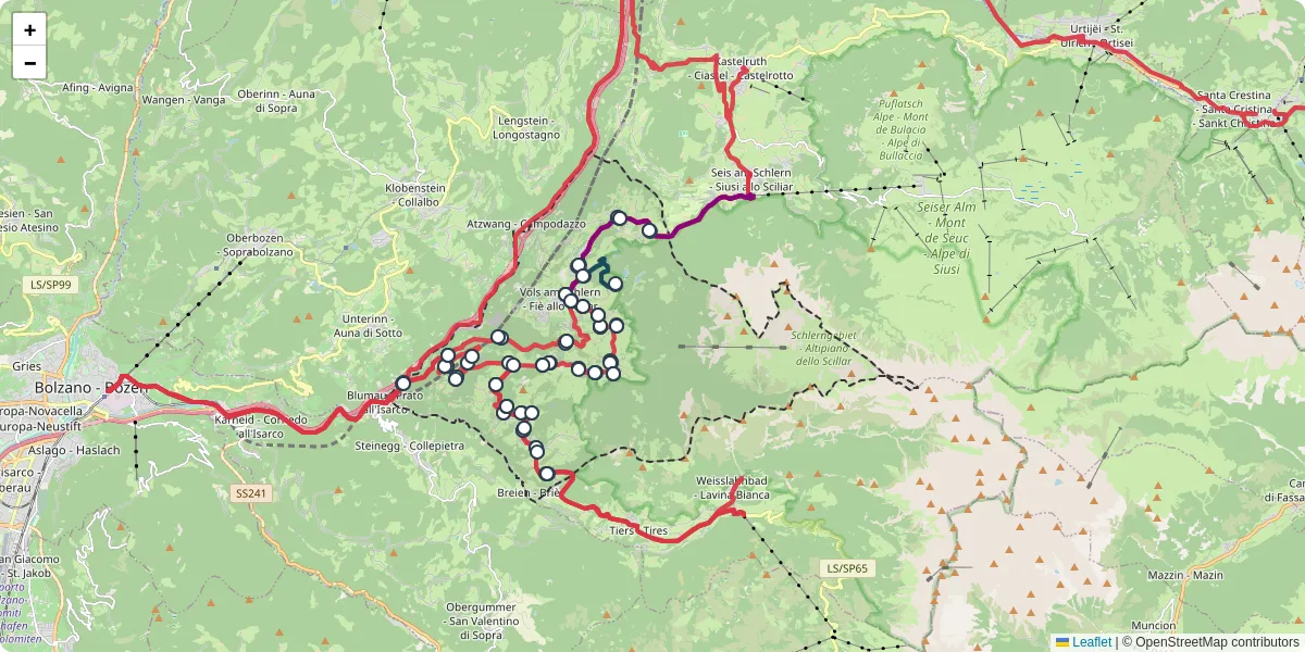 Mappa dettagliata del trasporto pubblico a Völs am Schlern - Fiè allo Sciliar con linee autobus, tram e collegamenti