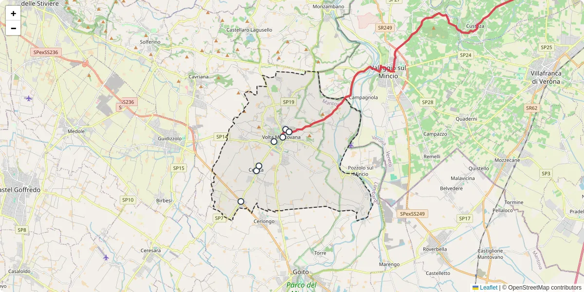 Mappa dettagliata del trasporto pubblico a Volta Mantovana con linee autobus, tram e collegamenti