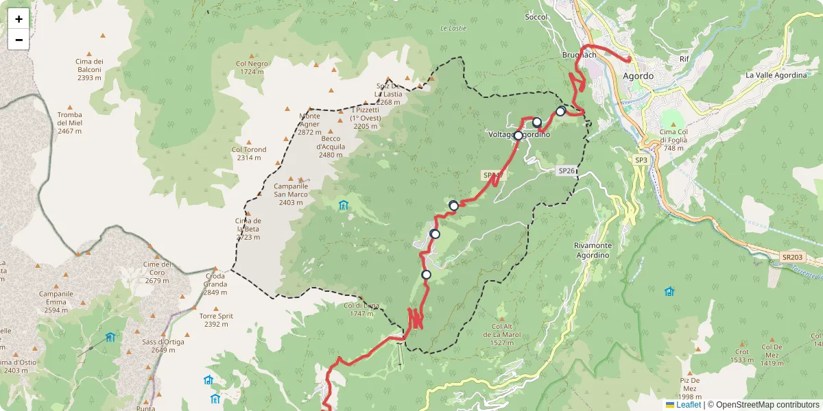 Mappa dettagliata del trasporto pubblico a Voltago Agordino con linee autobus, tram e collegamenti