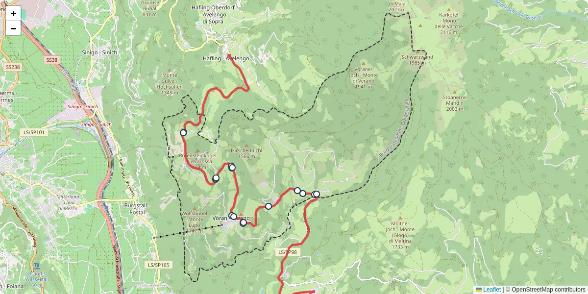Mappa dettagliata del trasporto pubblico a Vöran - Verano con linee autobus, tram e collegamenti