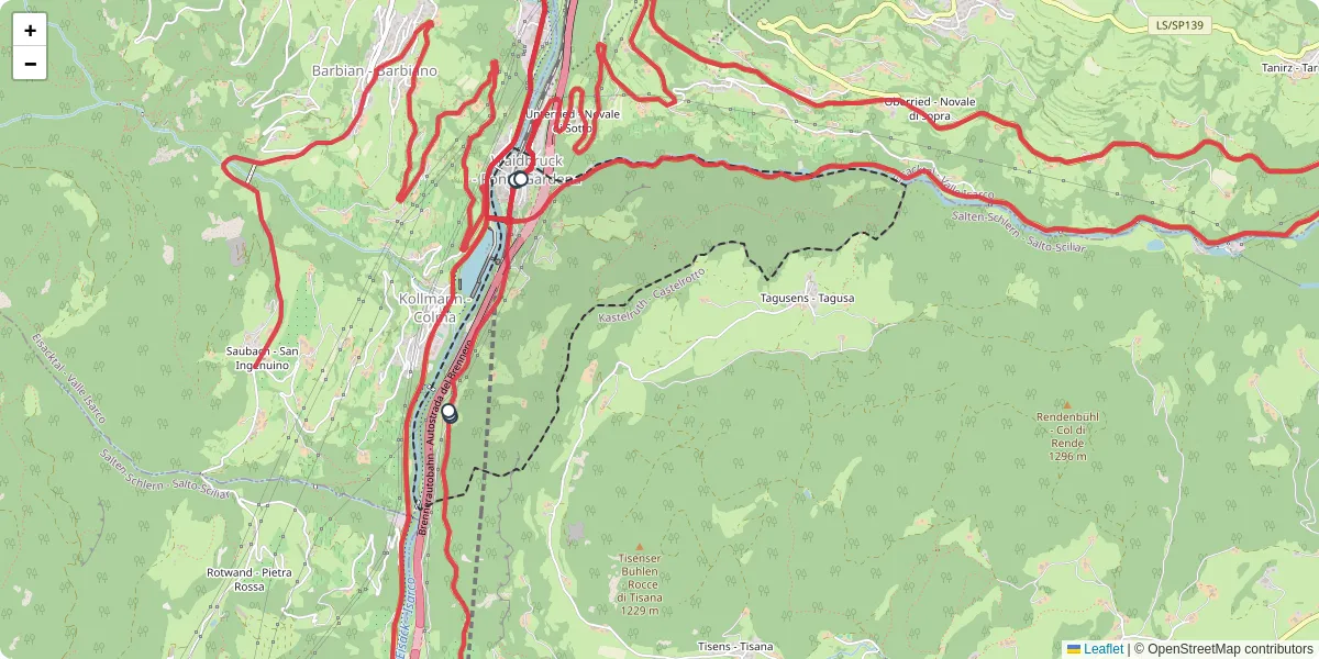 Mappa dettagliata del trasporto pubblico a Waidbruck - Ponte Gardena con linee autobus, tram e collegamenti