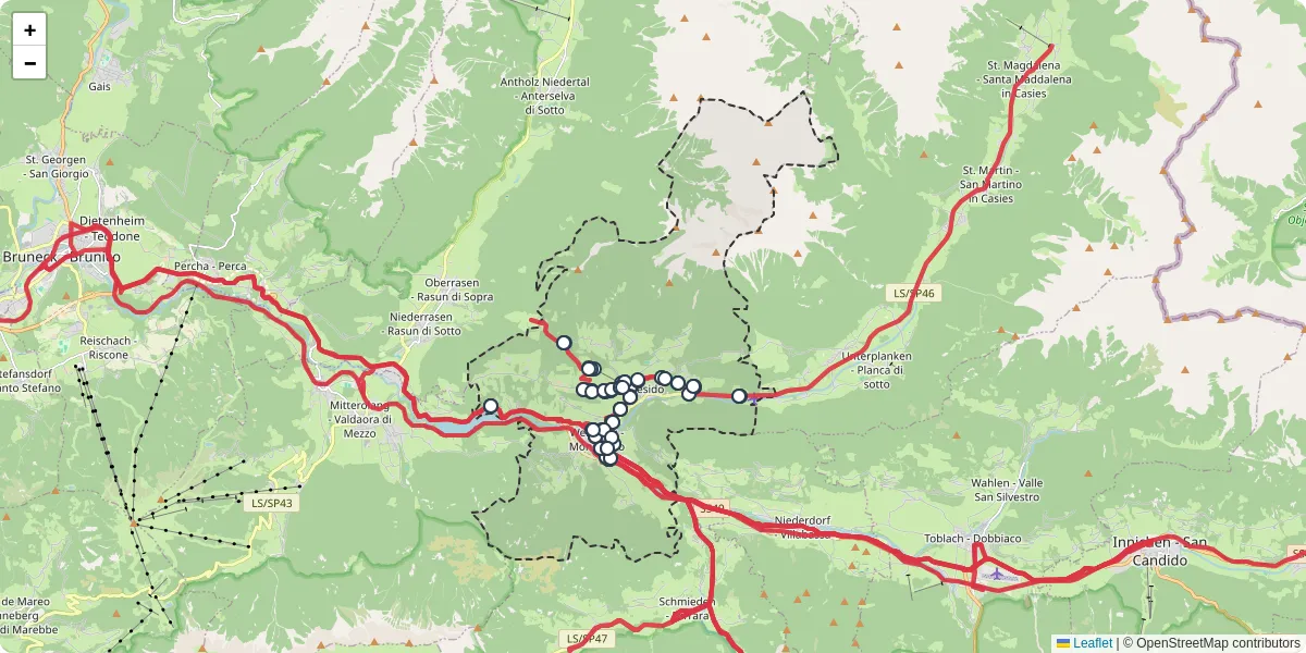 Mappa dettagliata del trasporto pubblico a Welsberg-Taisten - Monguelfo-Tesido con linee autobus, tram e collegamenti