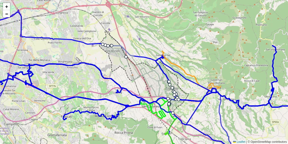 Mappa dettagliata del trasporto pubblico a Zagarolo con linee autobus, tram e collegamenti
