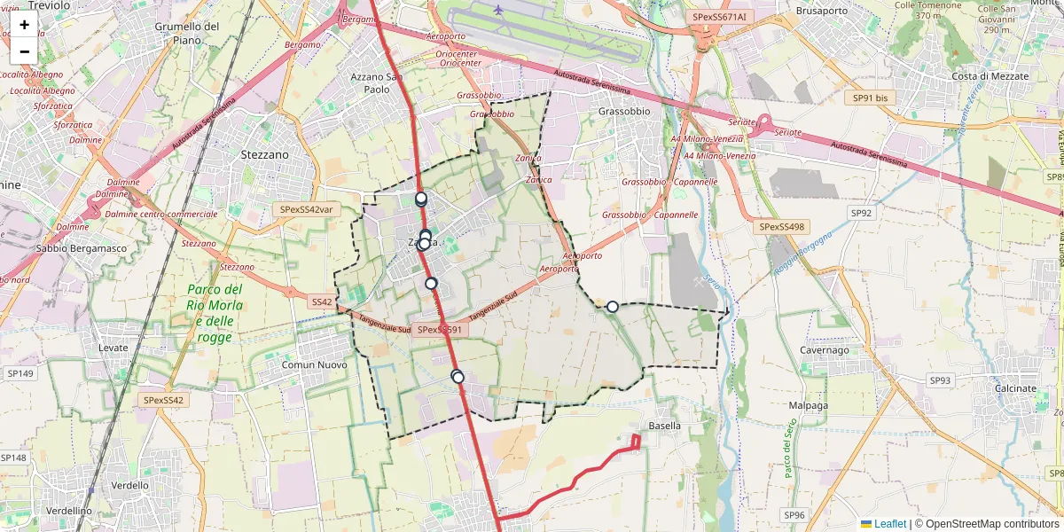 Mappa dettagliata del trasporto pubblico a Zanica con linee autobus, tram e collegamenti