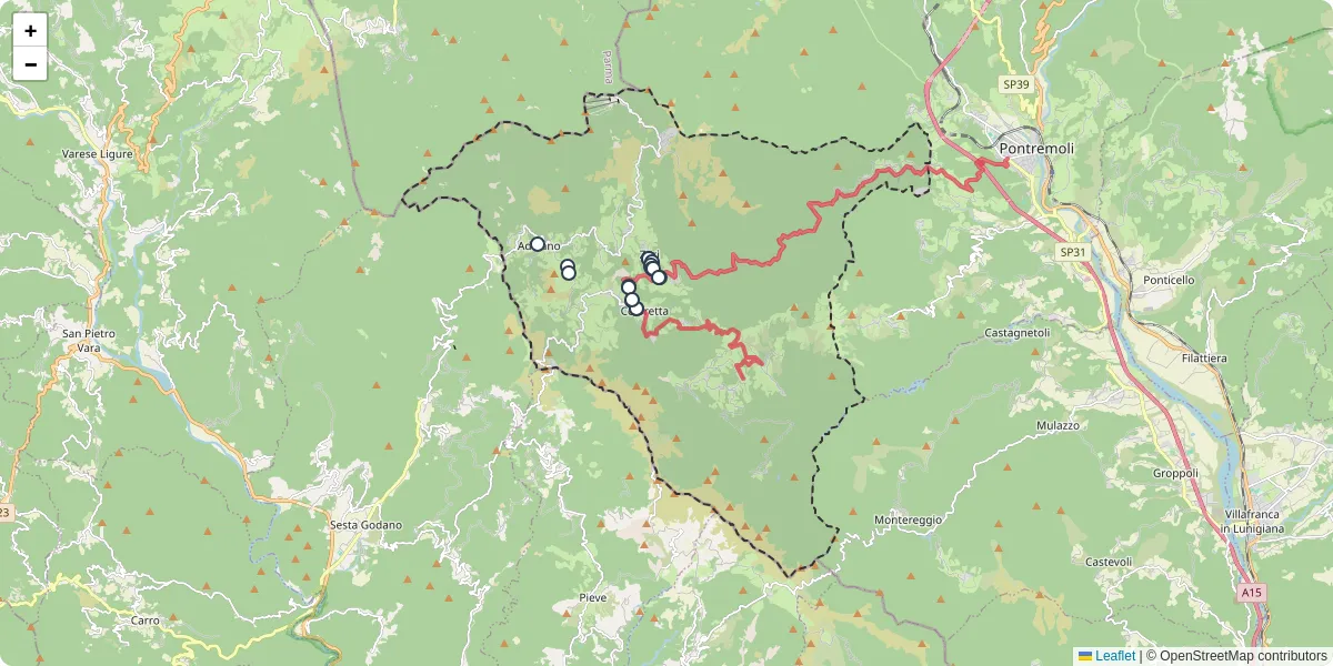 Mappa dettagliata del trasporto pubblico a Zeri con linee autobus, tram e collegamenti