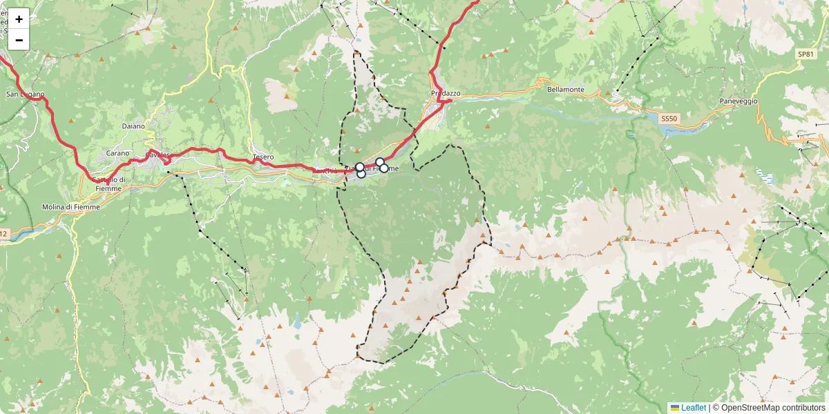 Mappa dettagliata del trasporto pubblico a Ziano di Fiemme con linee autobus, tram e collegamenti