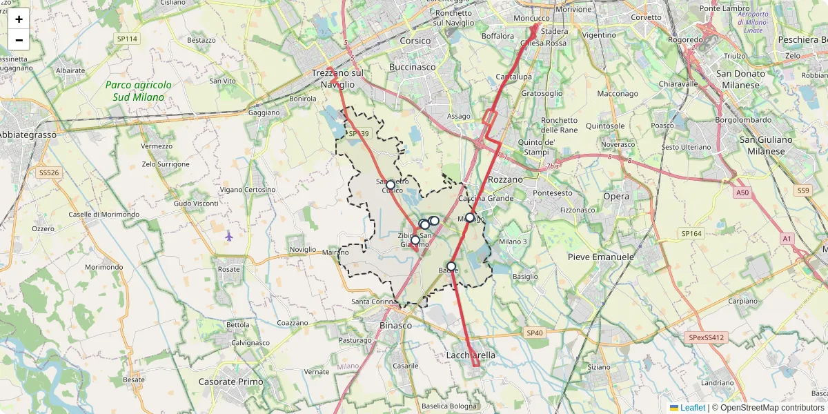 Mappa dettagliata del trasporto pubblico a Zibido San Giacomo con linee autobus, tram e collegamenti