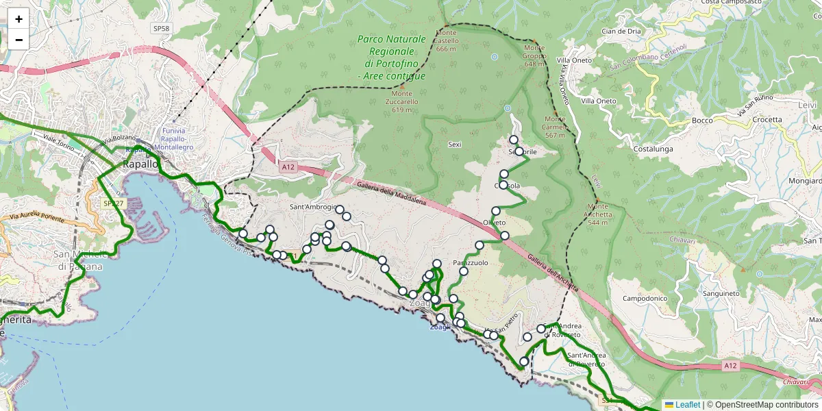Mappa dettagliata del trasporto pubblico a Zoagli con linee autobus, tram e collegamenti