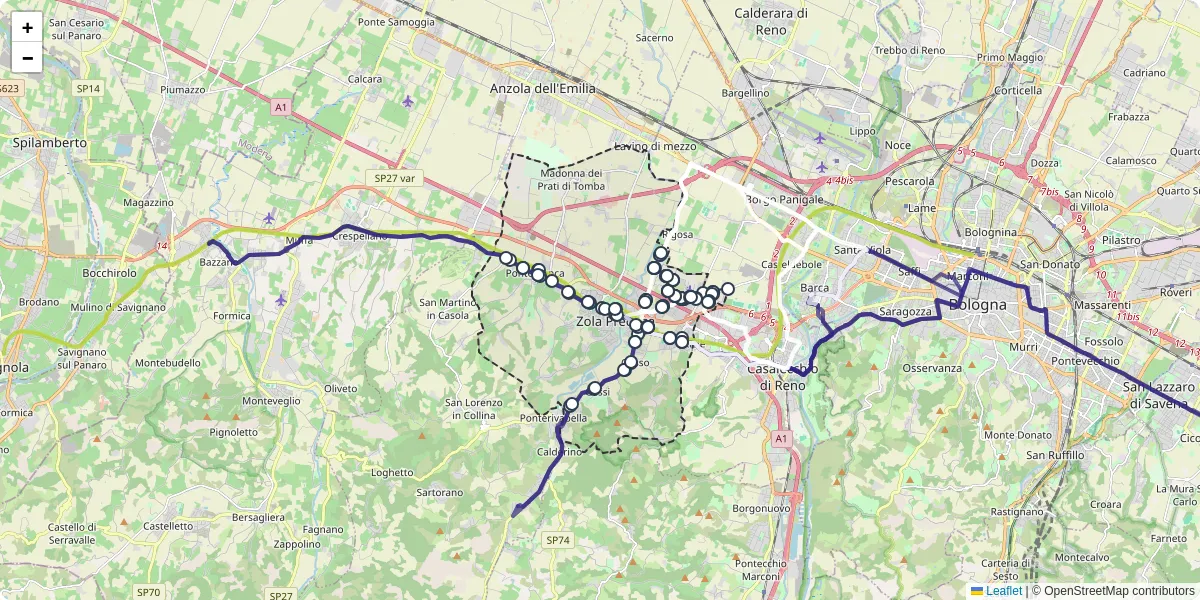 Mappa dettagliata del trasporto pubblico a Zola Predosa con linee autobus, tram e collegamenti