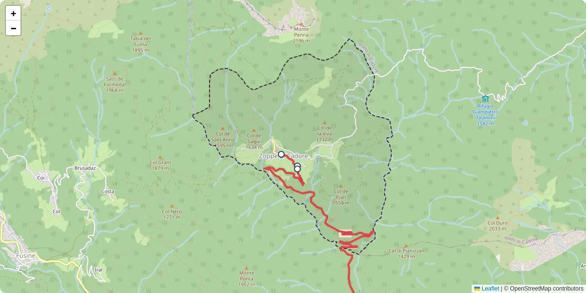 Mappa dettagliata del trasporto pubblico a Zoppè di Cadore con linee autobus, tram e collegamenti