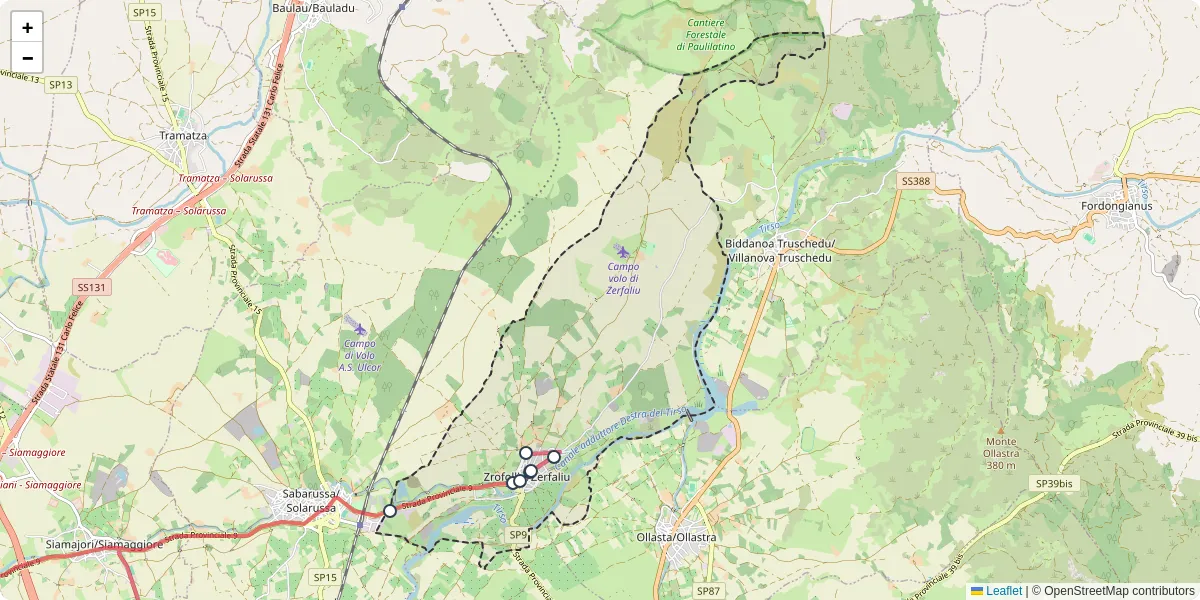 Mappa dettagliata del trasporto pubblico a Zrofolliu/Zerfaliu con linee autobus, tram e collegamenti
