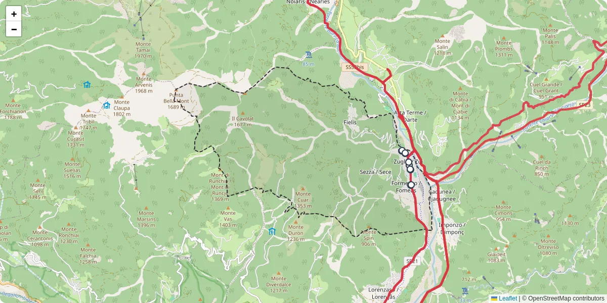 Mappa dettagliata del trasporto pubblico a Zuglio / Zui con linee autobus, tram e collegamenti